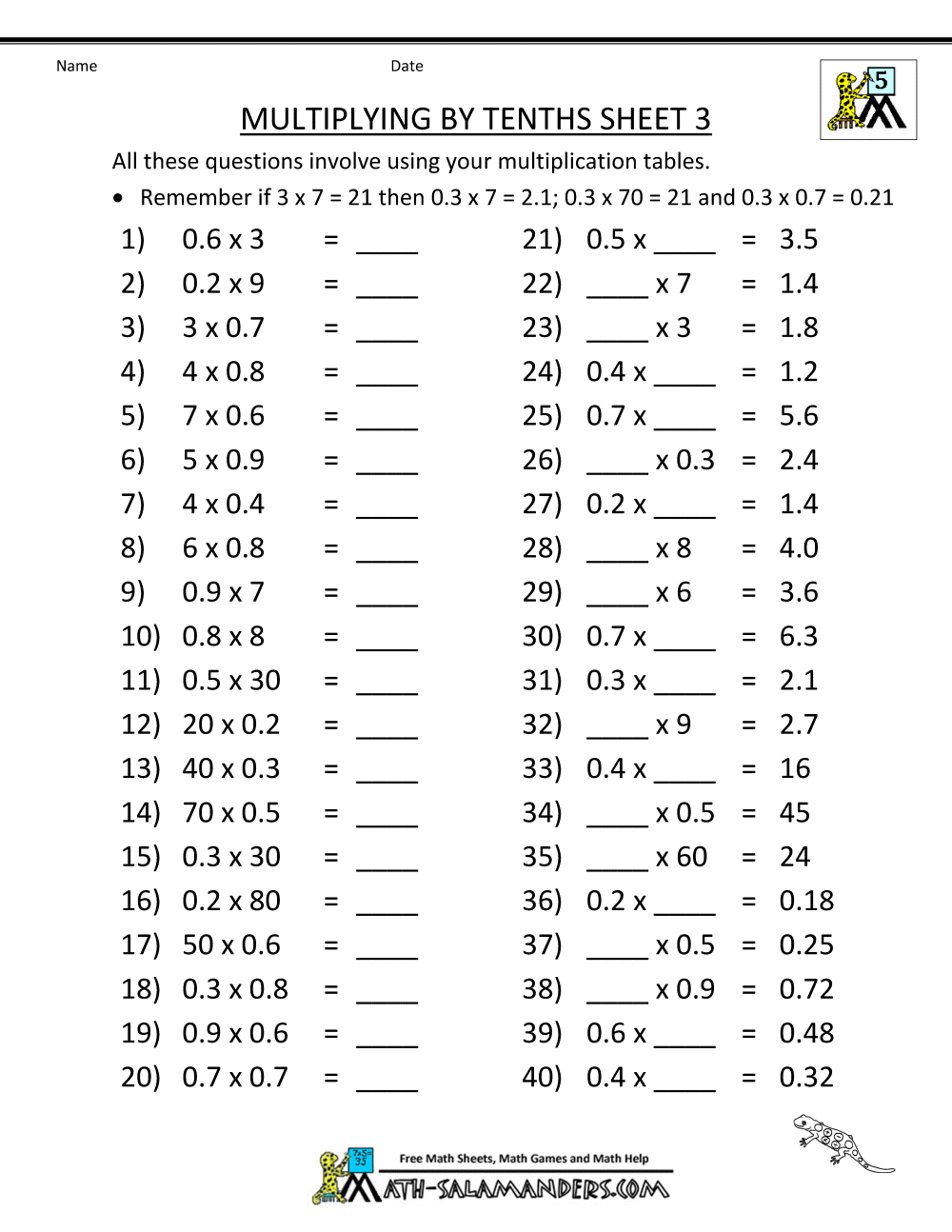 Math Fact Multiplication Worksheets