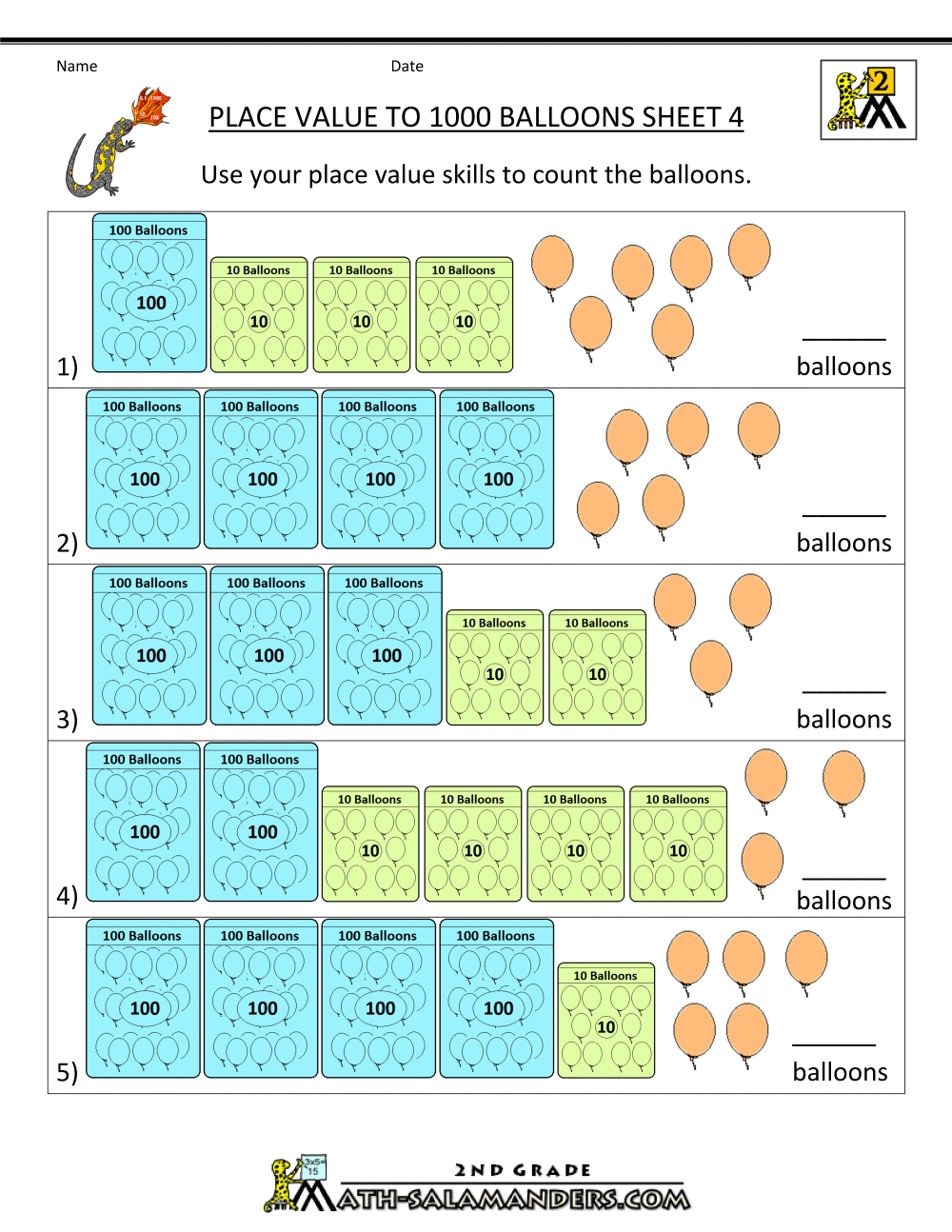 Free Place Value Worksheets Balloons To 1000 4