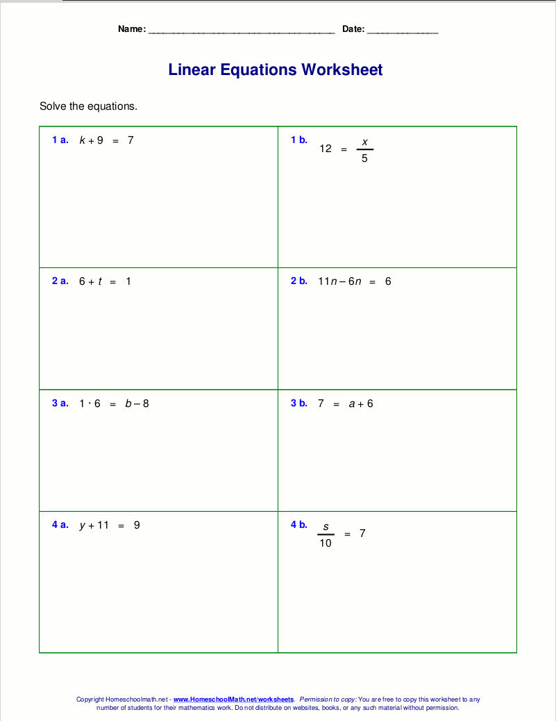 Free Worksheets For Linear Equations (grades 6