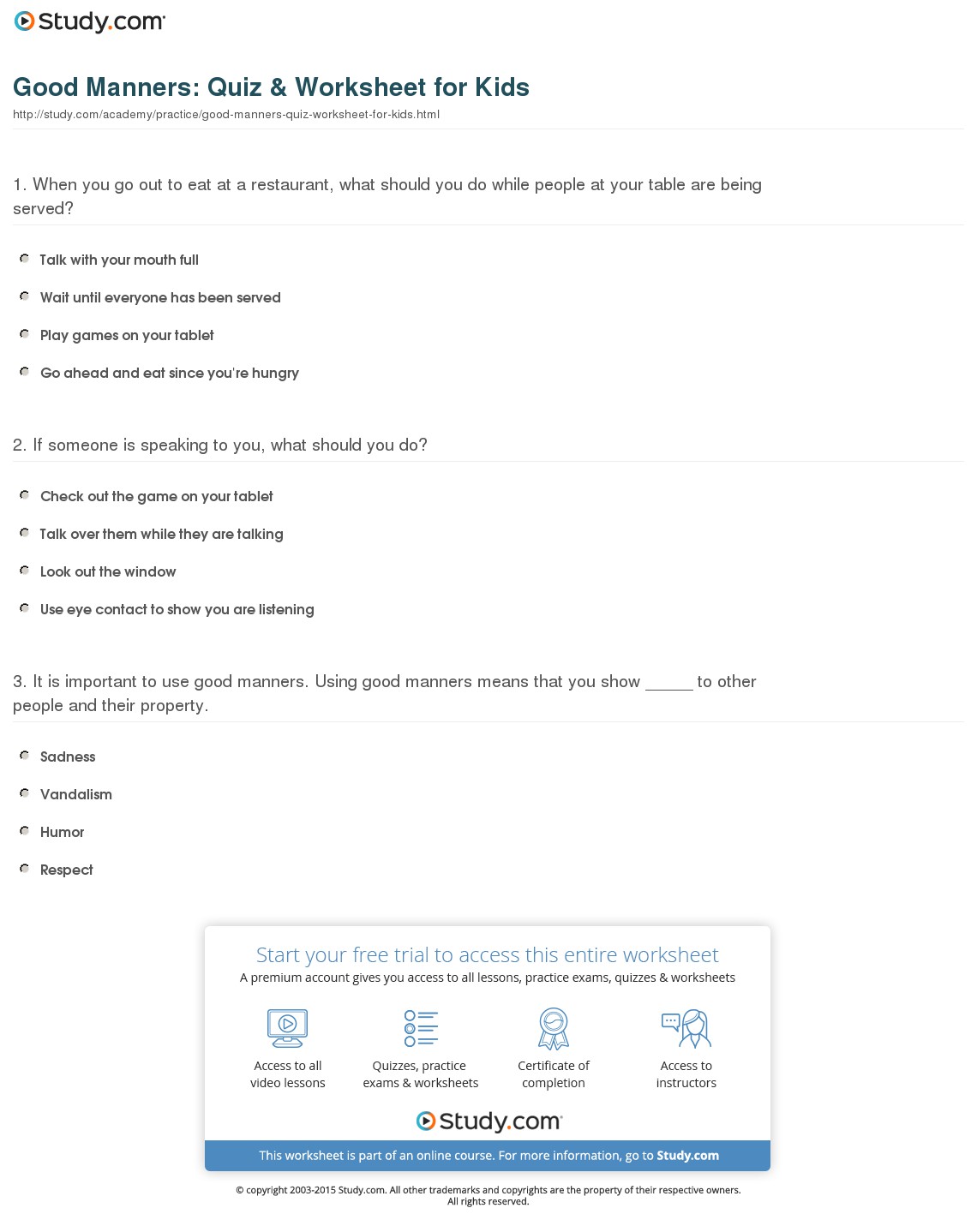Good Manners  Quiz & Worksheet For Kids