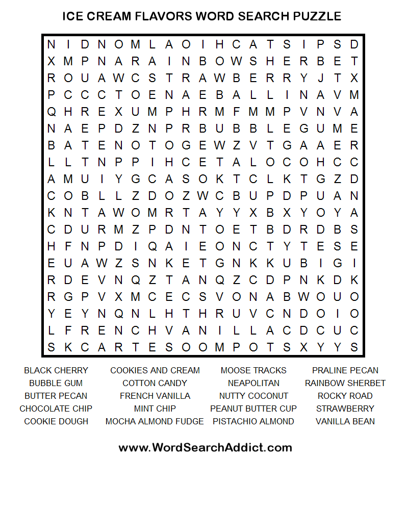 Ice Cream Flavors Word Search Puzzle