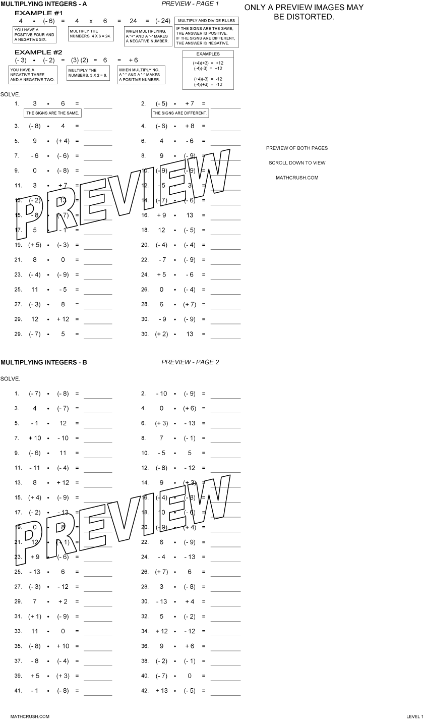 Integer Worksheets By Math Crush