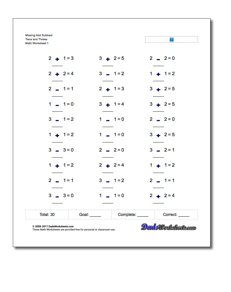 Kindergarten Adding And Subtracting Missing Operation Worksheets