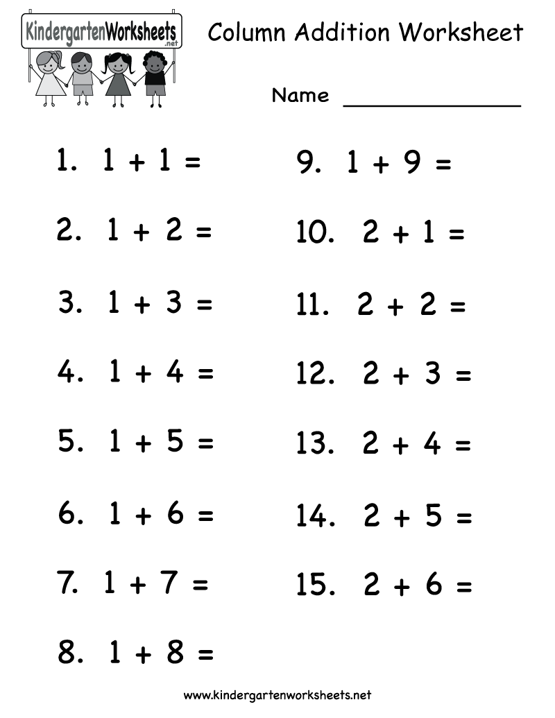 Kindergarten Column Addition Worksheet Printable