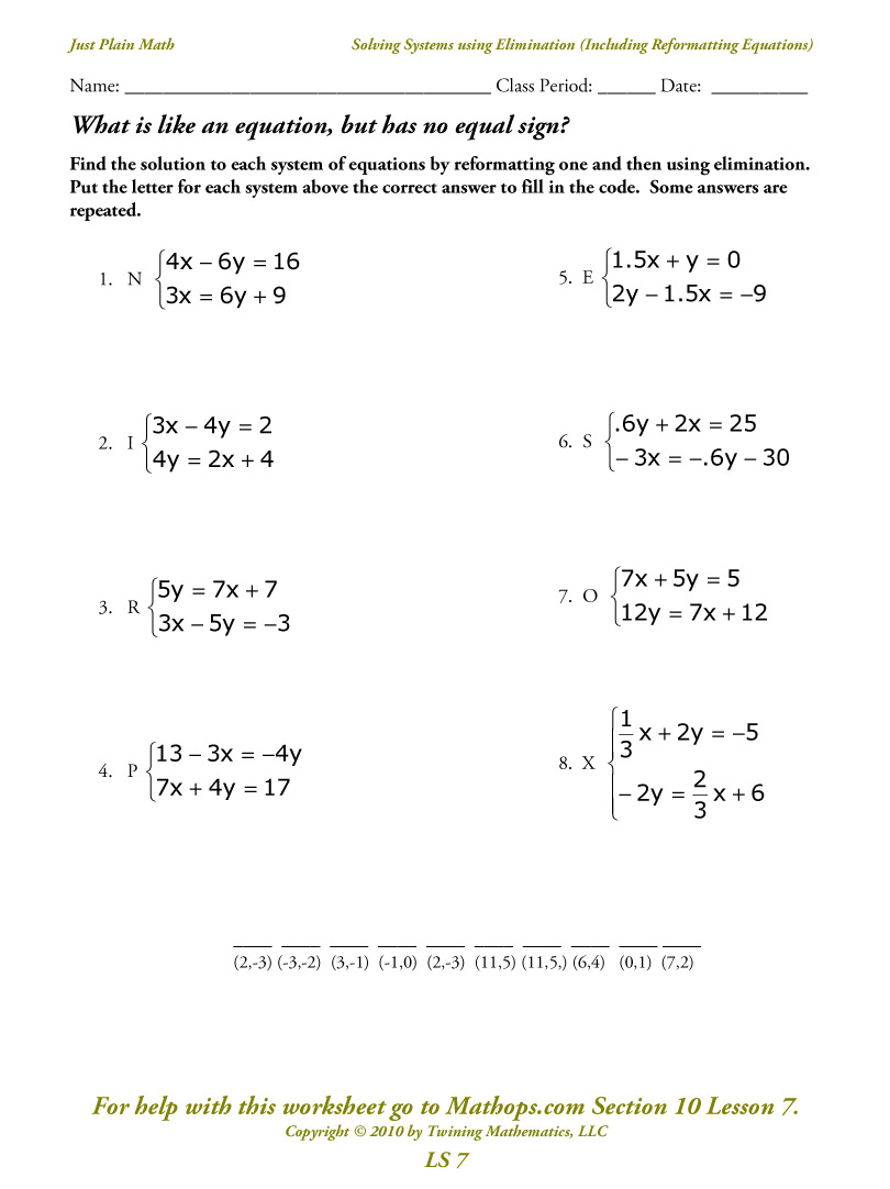 Ls 7  Solving Systems Using Elimination (including Reformatting