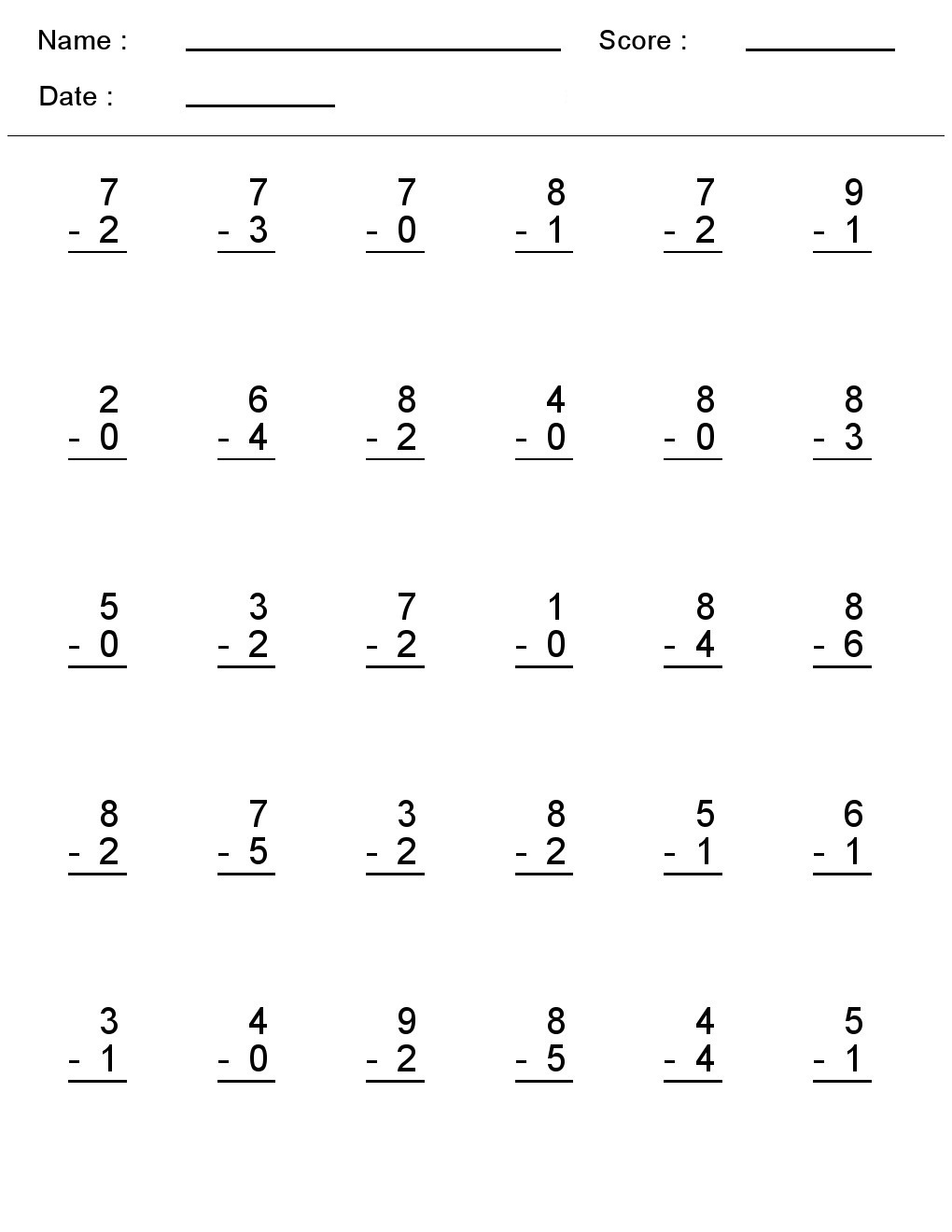 Math   Kindergarten Worksheets Maths Subtraction 0001 Single Digit
