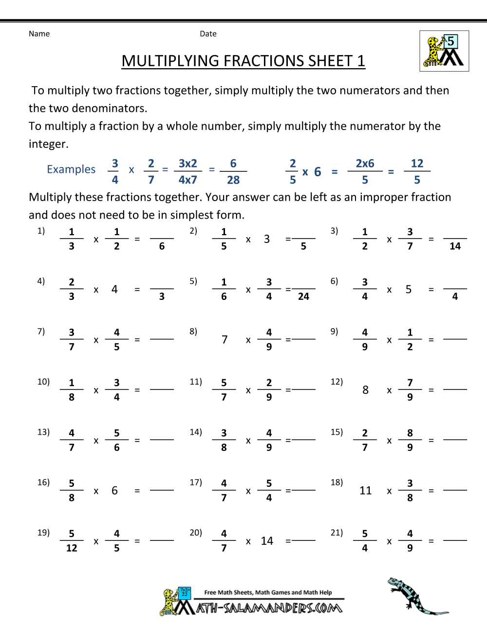 multiplying fractions worksheets samples