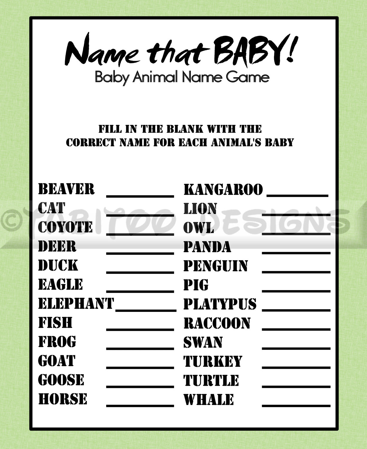 Name That Baby Baby Shower Game Printable