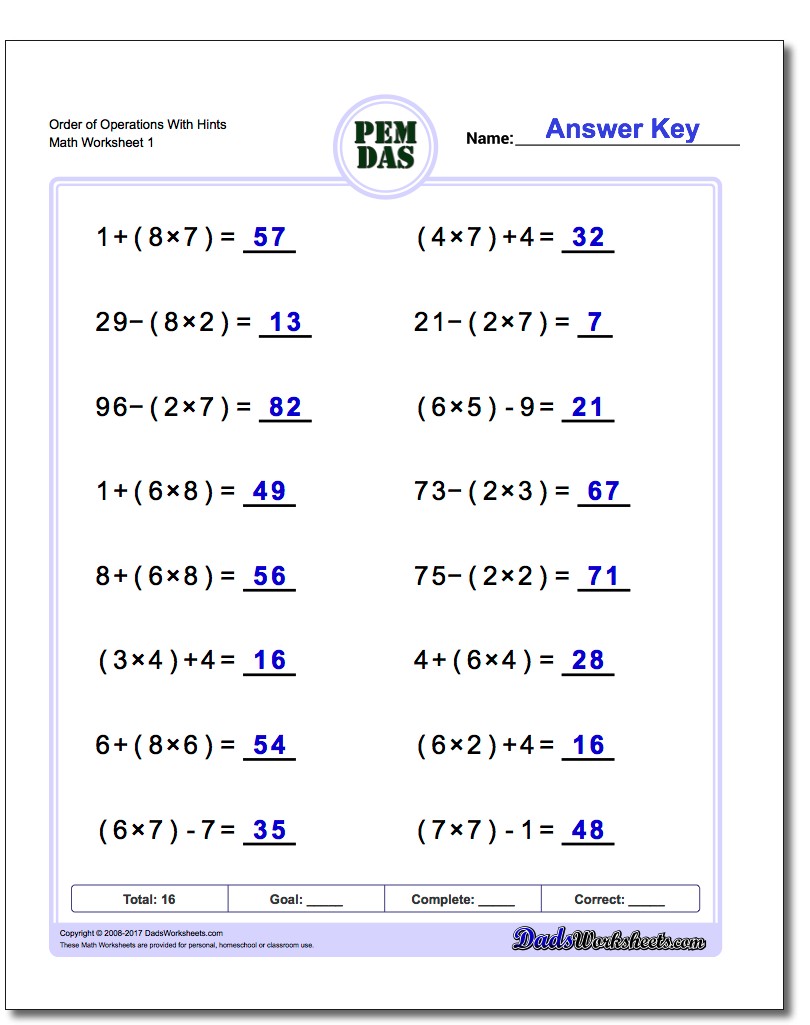 Order Of Operations Worksheets