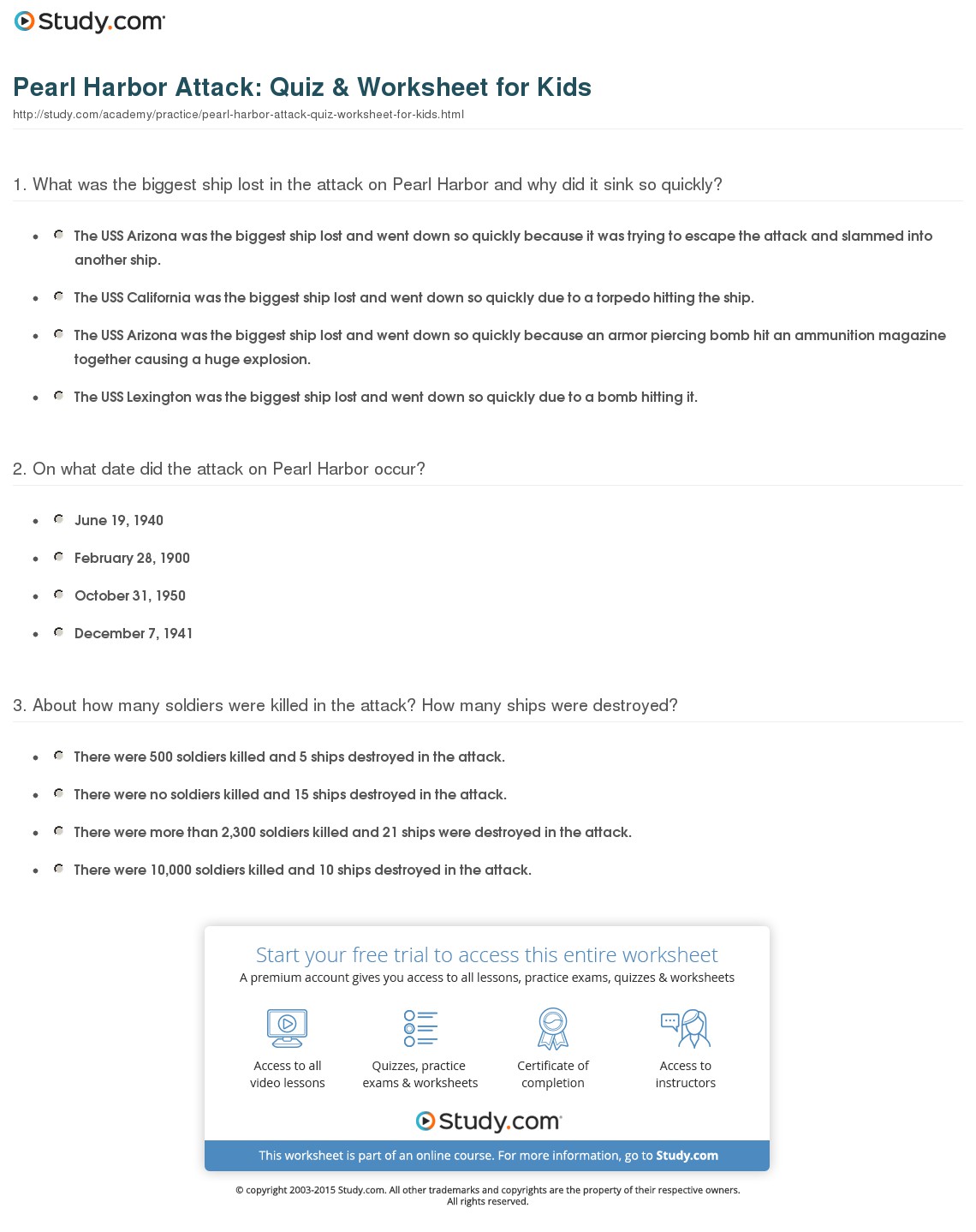 Pearl Harbor Attack  Quiz & Worksheet For Kids