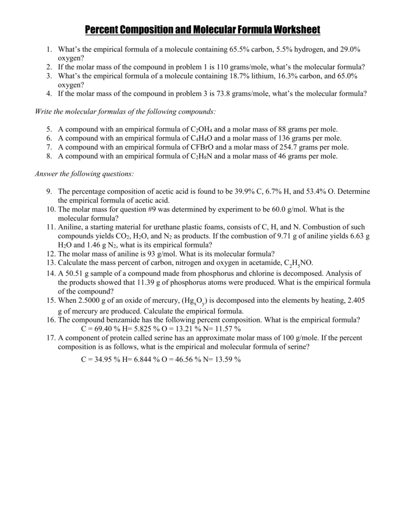 Percent Composition And Molecular Formula Worksheet