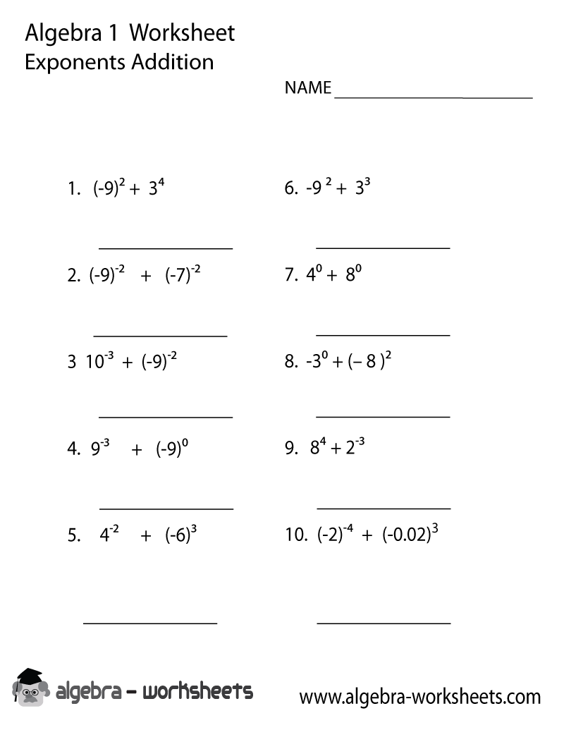 Print The Free Exponents Addition Algebra 1 Worksheet