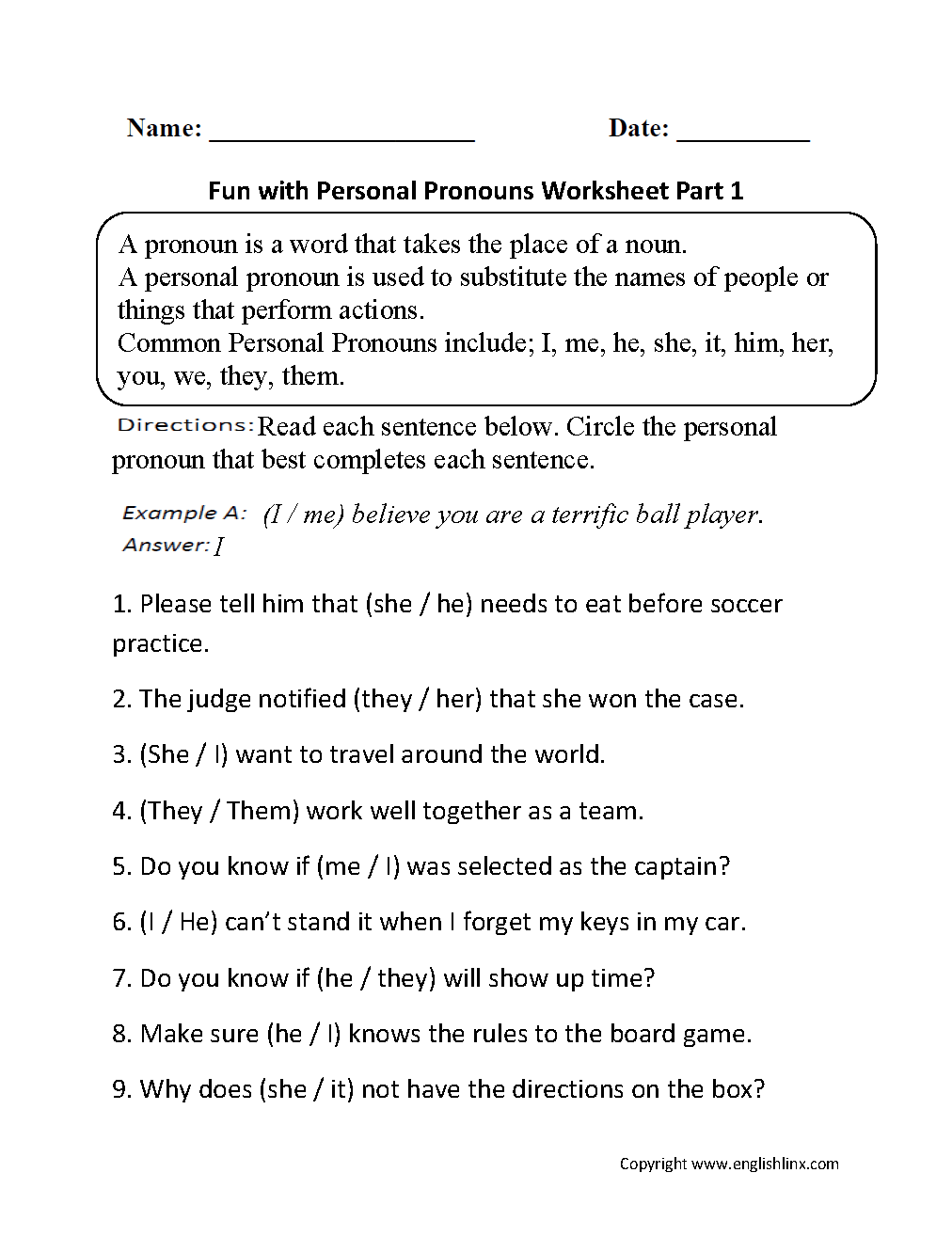 Pronouns Worksheets