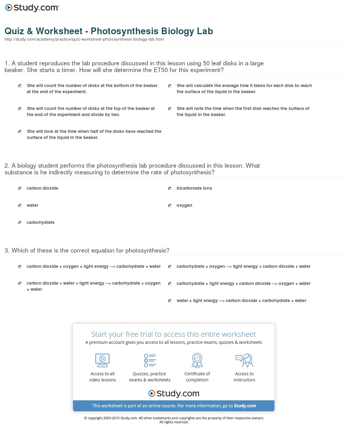 Quiz Worksheet Photosynthesis Biology Lab Study Com Lesson Plans