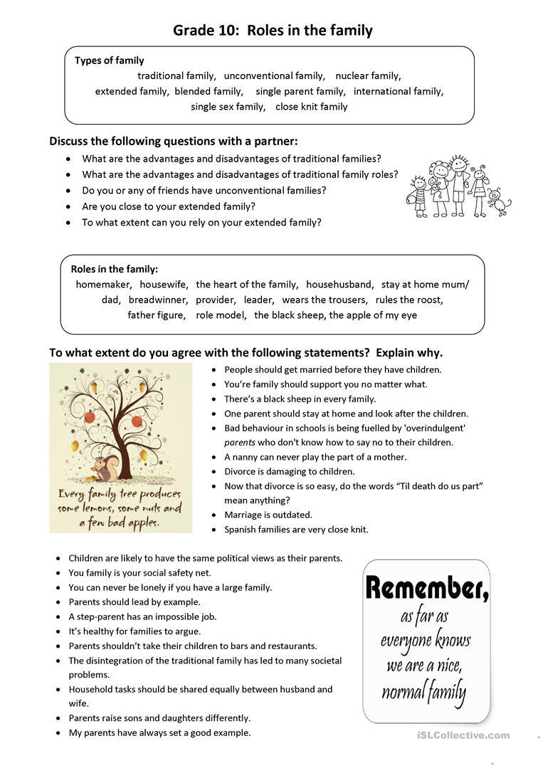 Roles In The Family  Idioms And Conversation Worksheet