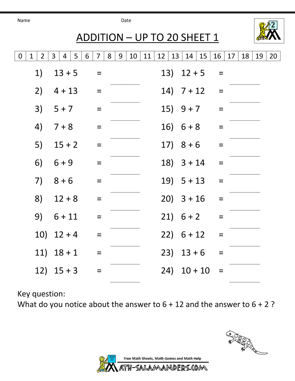 Addition Sums To 20 Worksheets