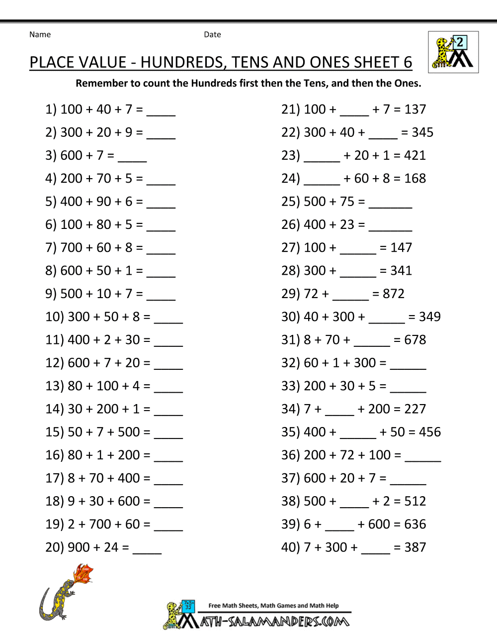 Second Grade Place Value Worksheets