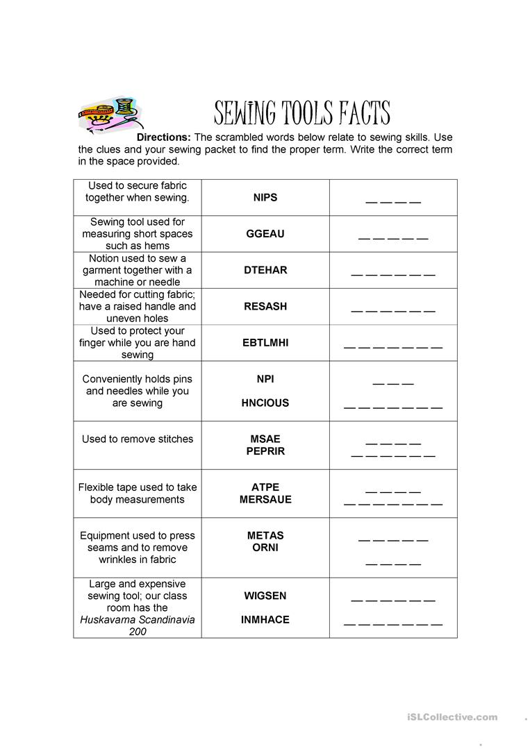 Sewing Tools Worksheet