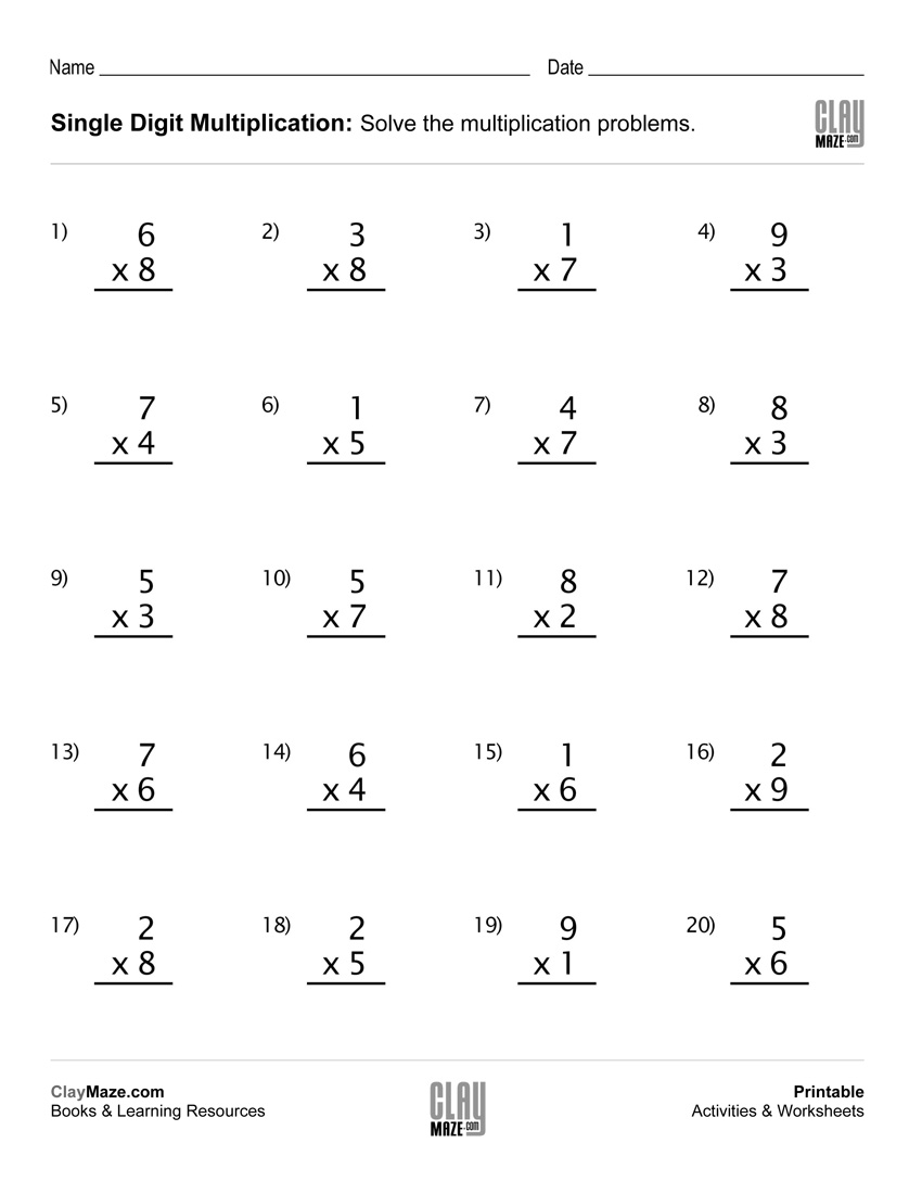 Single Digit Multiplication Worksheet (set 3)