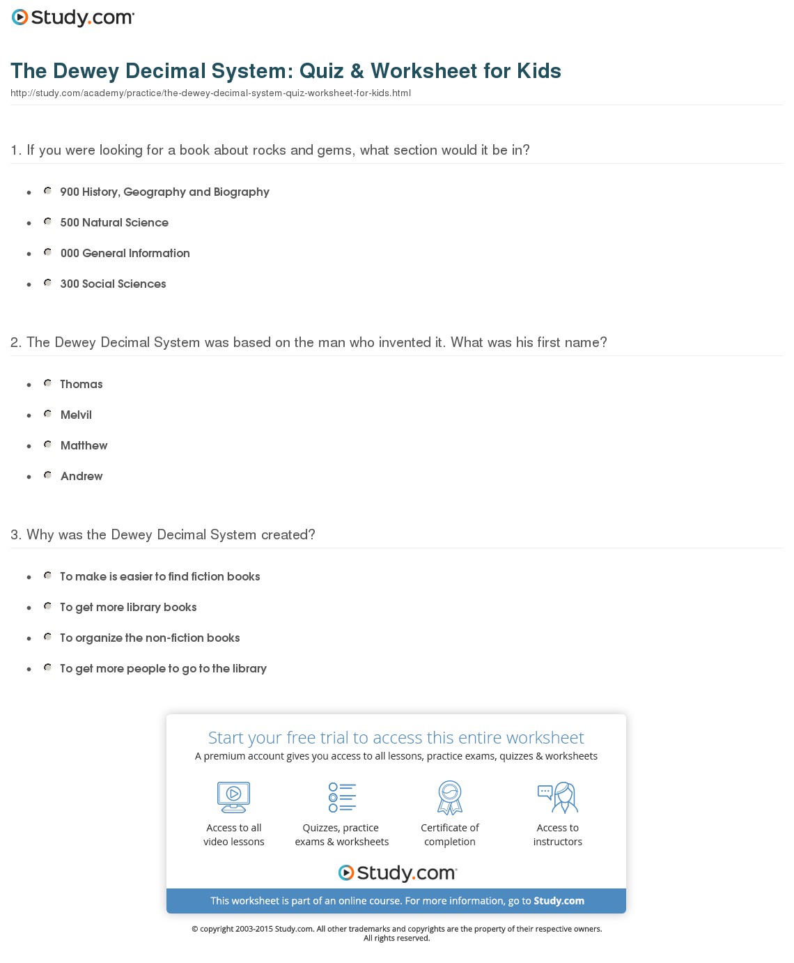 The Dewey Decimal System  Quiz & Worksheet For Kids