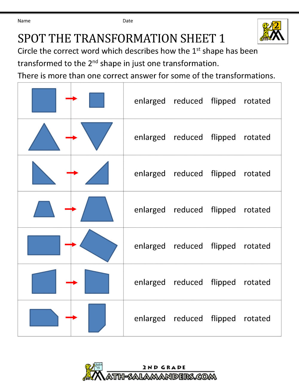 Transformation Geometry Worksheets 2nd Grade