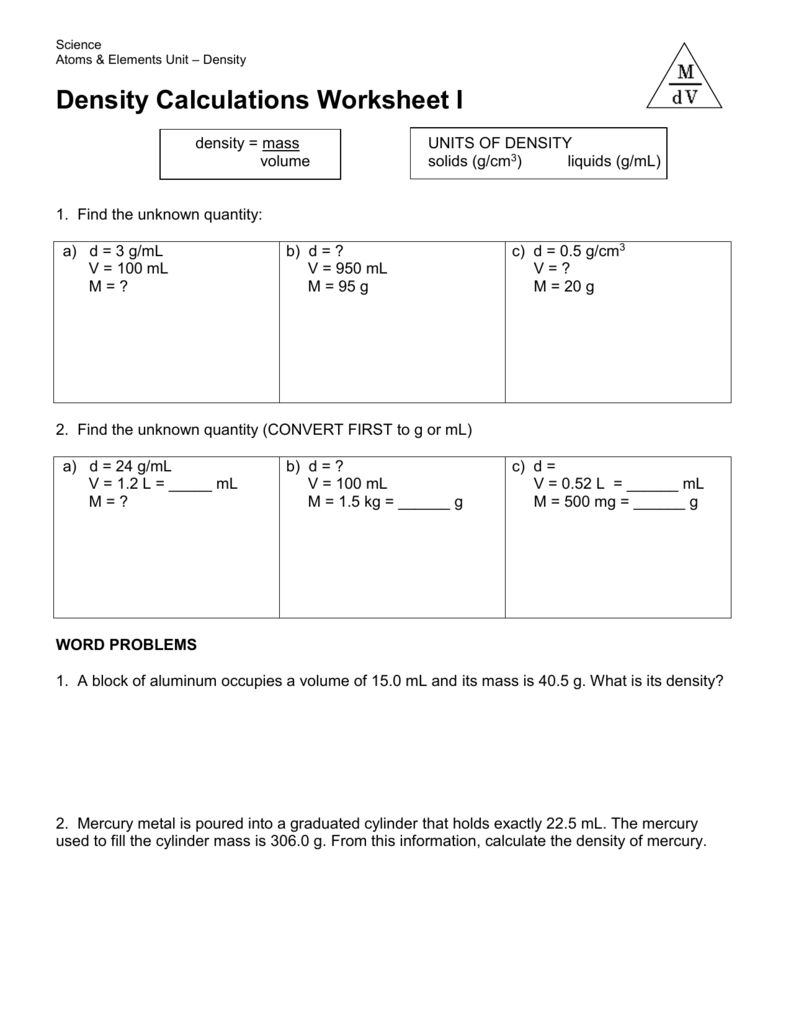 Worksheets  Density Calculations Worksheet  Atidentity Com Free