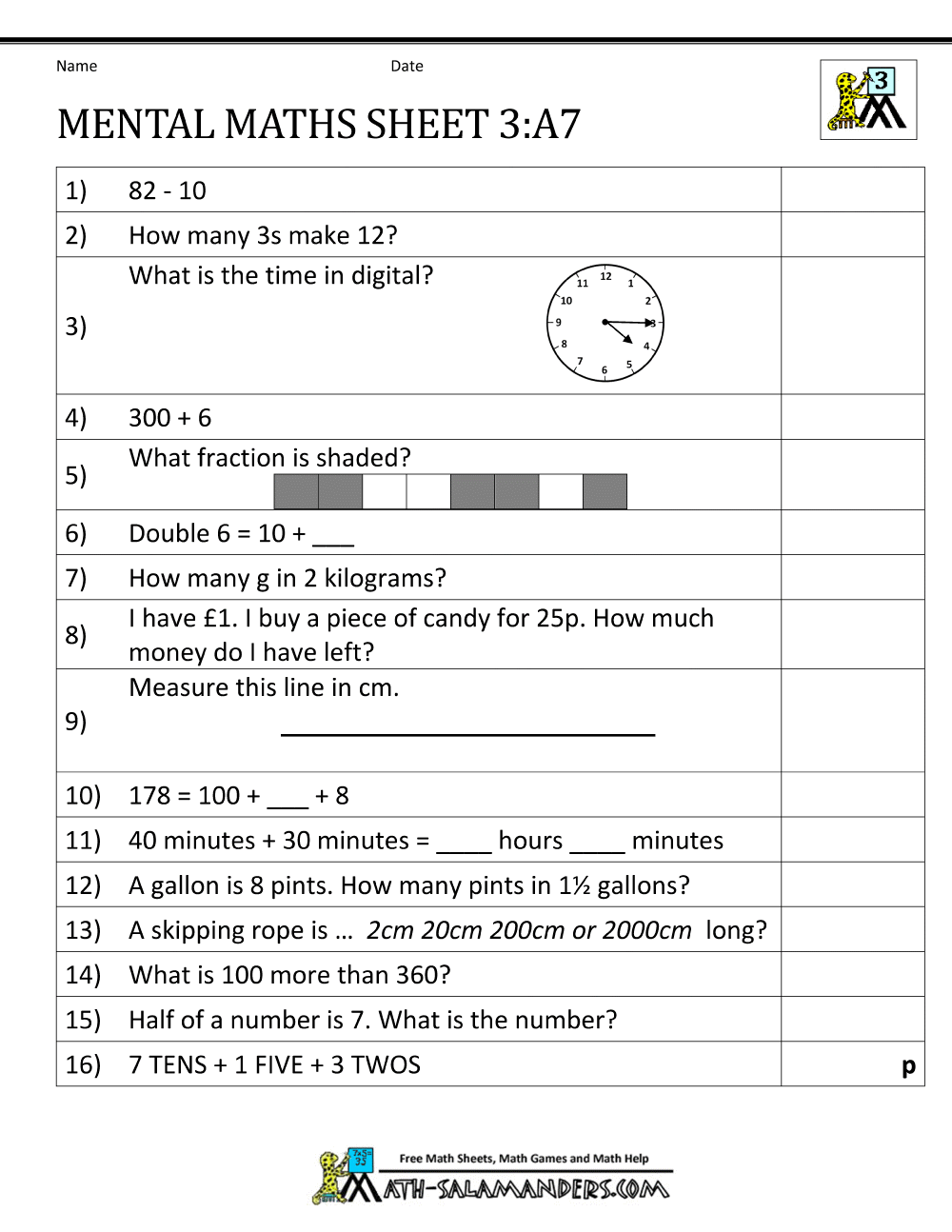 Year 3 Mental Maths Worksheets