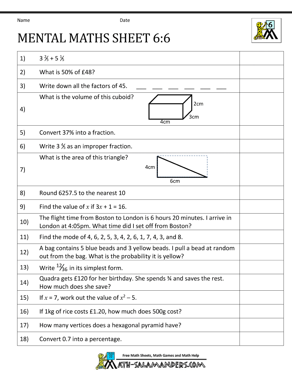 10+ Math Worksheets For Grade 6