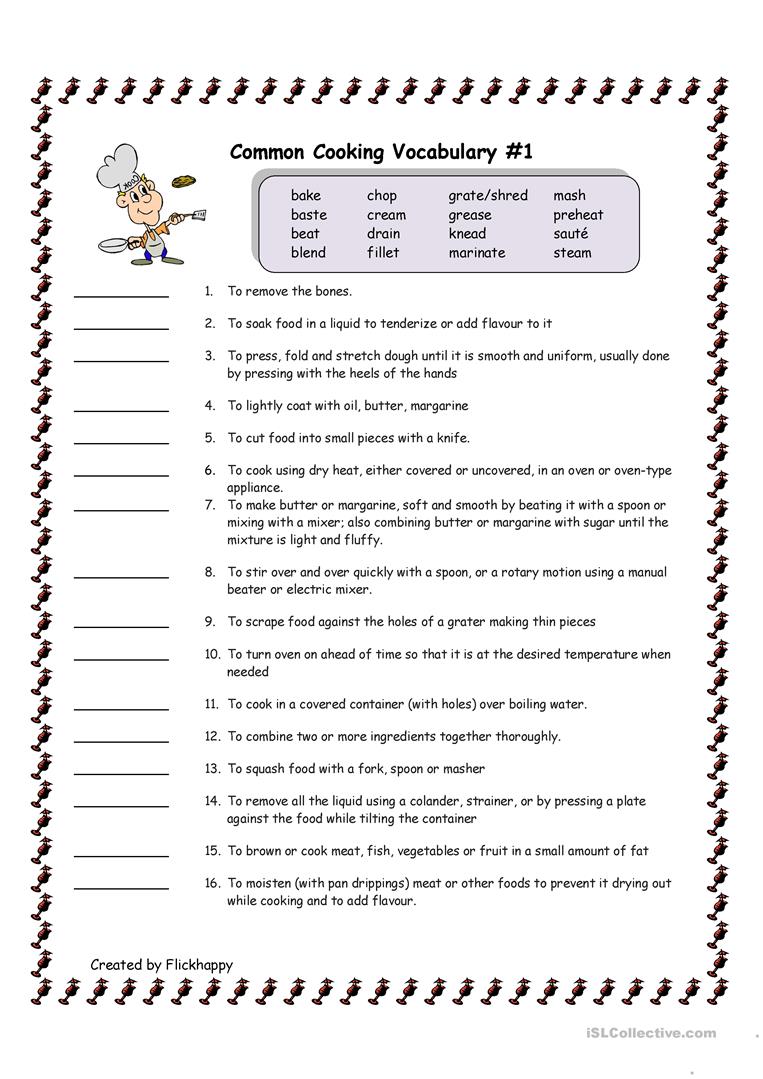 8 Free Esl Cooking Vocabulary Worksheets