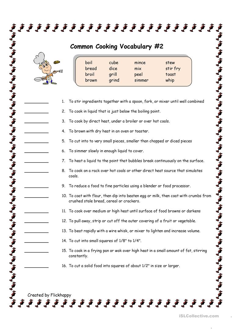 8 Free Esl Cooking Vocabulary Worksheets