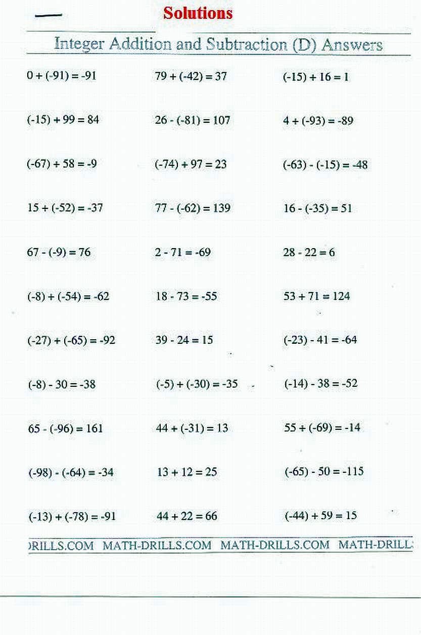 Adding And Subtracting Integers Worksheet With Answers Worksheets
