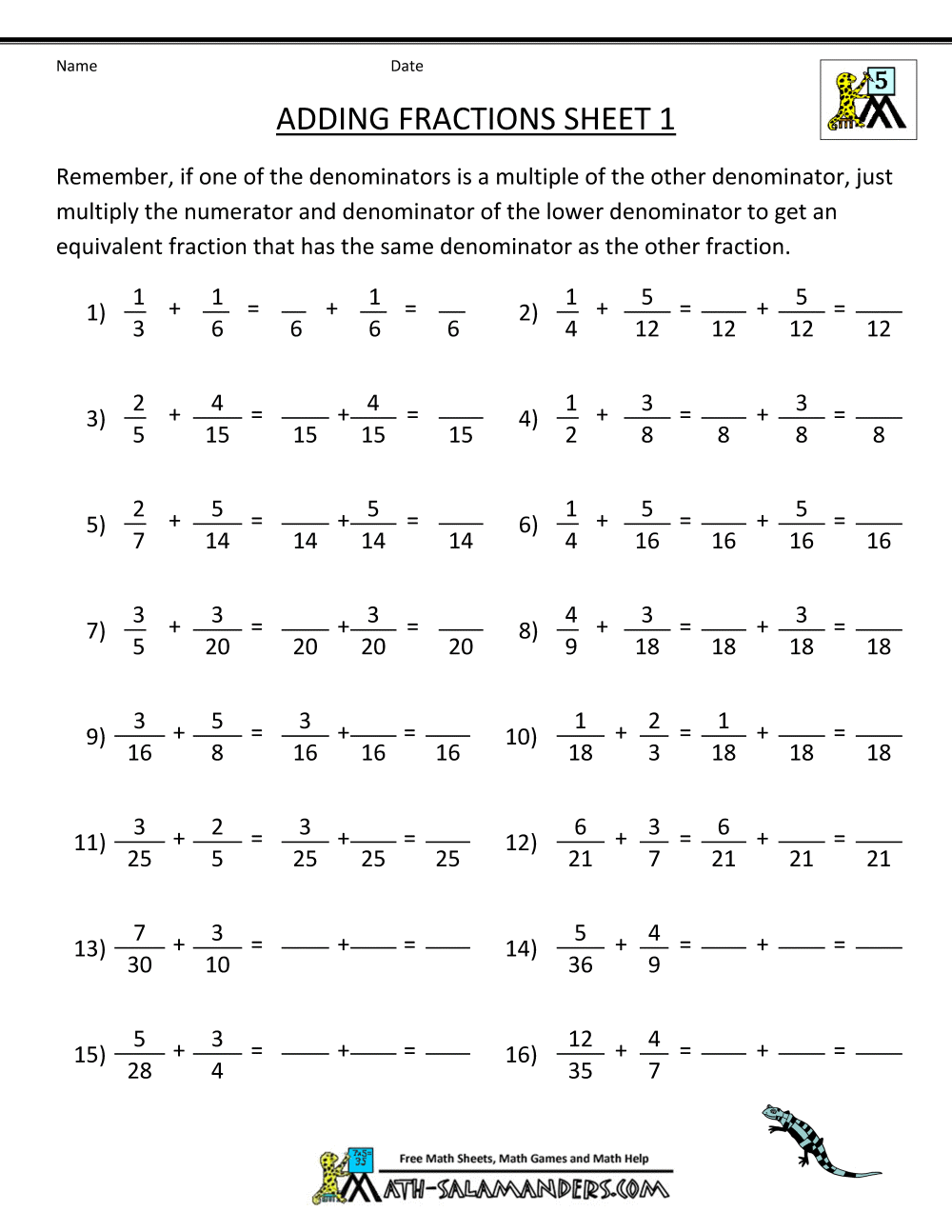 Adding Subtracting Fractions Worksheets