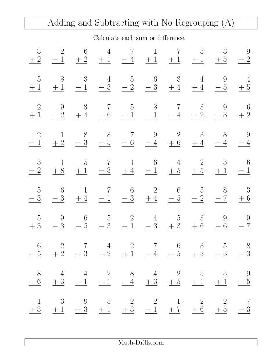 Addition Drill Worksheets First Grade Subtraction Practice For