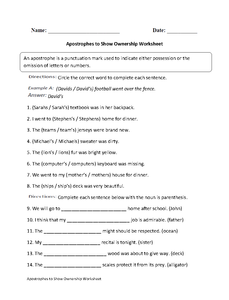Apostrophes To Show Ownership Worksheet