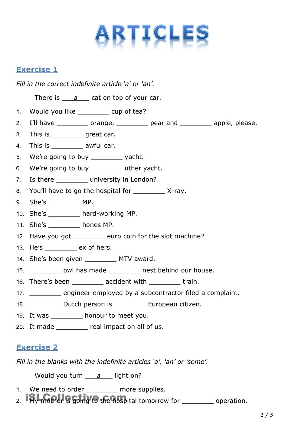 Articles Usage Worksheet For Basic English Pdf