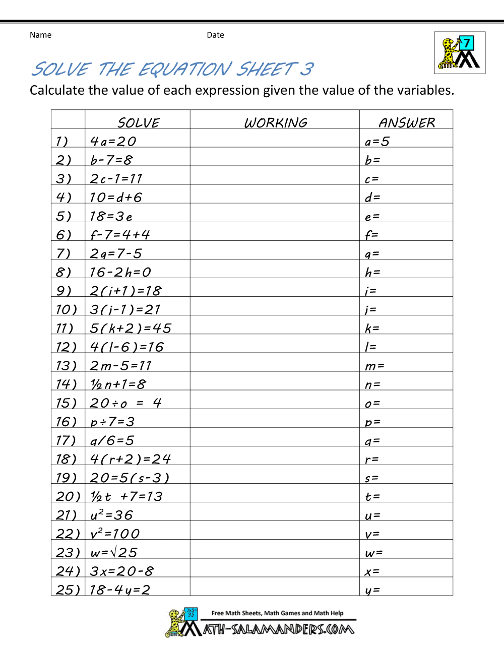 Basic Algebra Worksheets