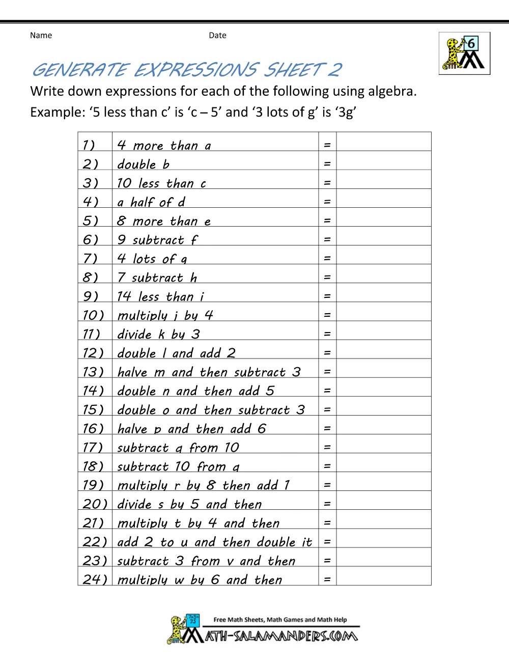 Basic Algebra Worksheets