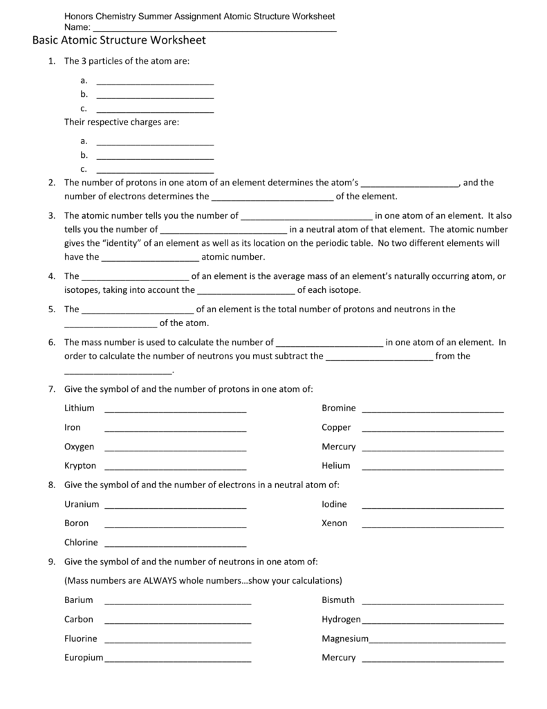 Chemistry Atomic Structure Worksheet Answers