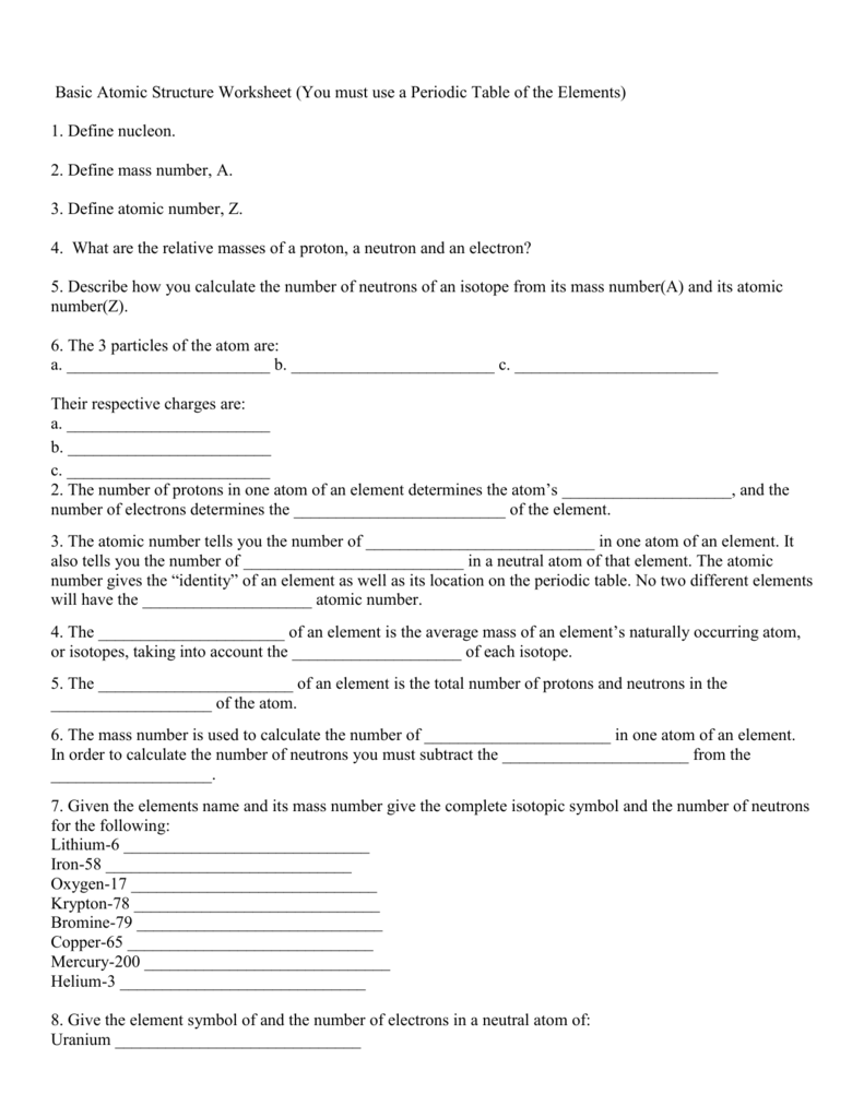 Chemistry Atomic Structure Worksheet Answers