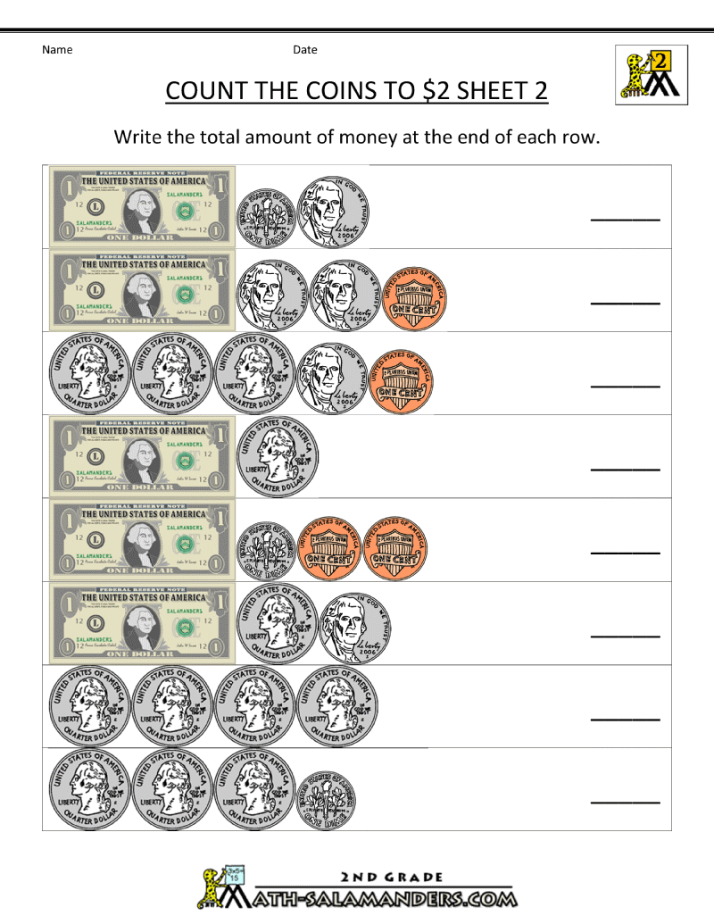 Counting Coins Worksheets 2nd Grade
