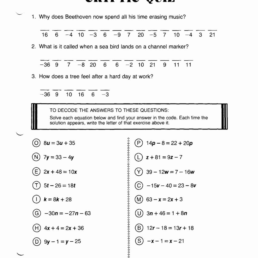 Cryptic Quiz Math Worksheet Answers