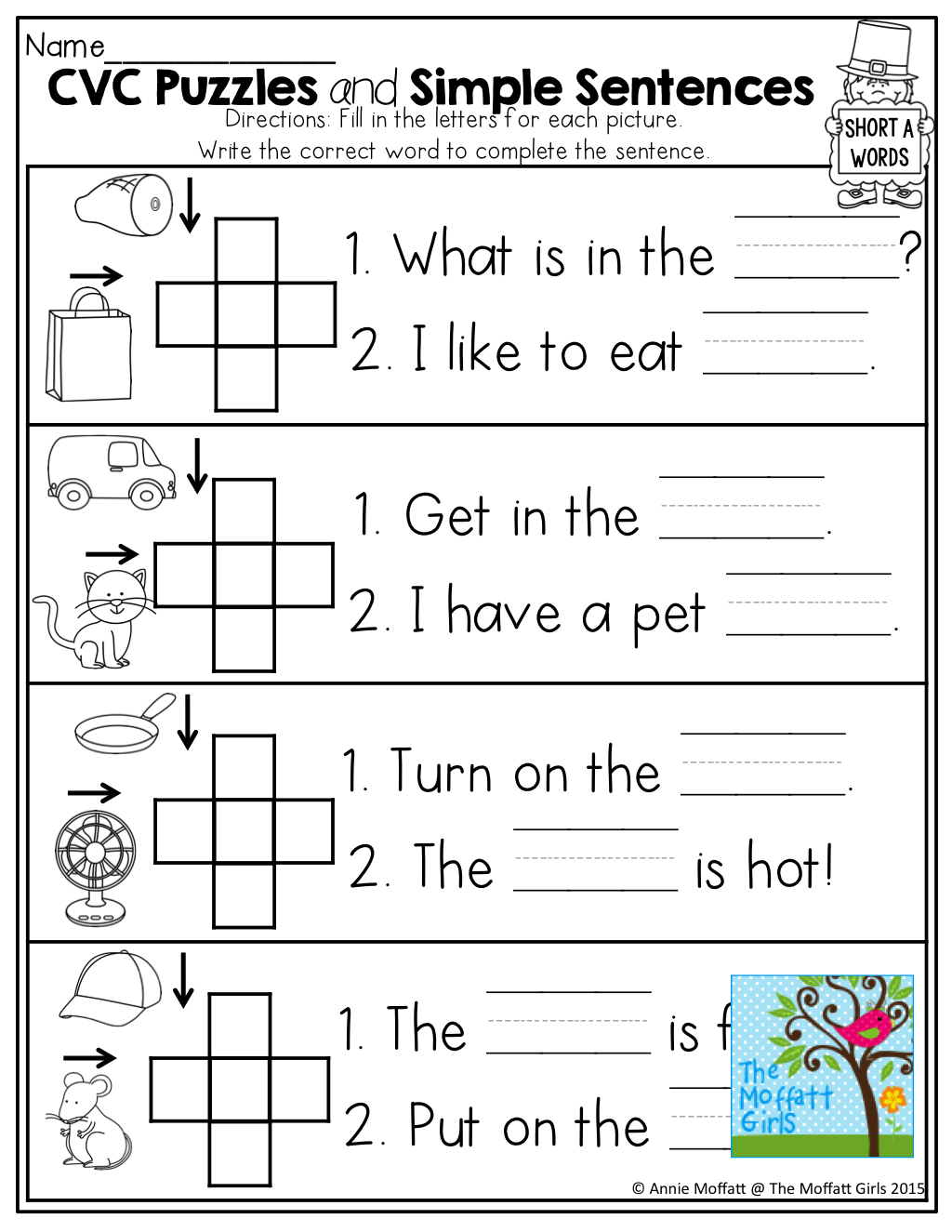 Cvc Crossword Puzzles For Beginning Readers And Simple Sentences