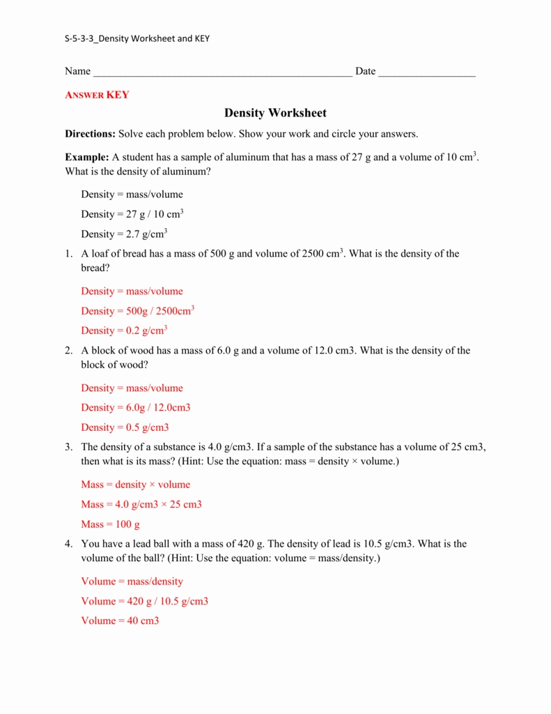 Density Practice Problems Worksheet With Answers