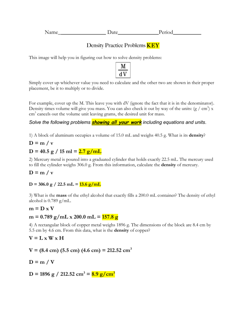 Density Problems Worksheet With Answers
