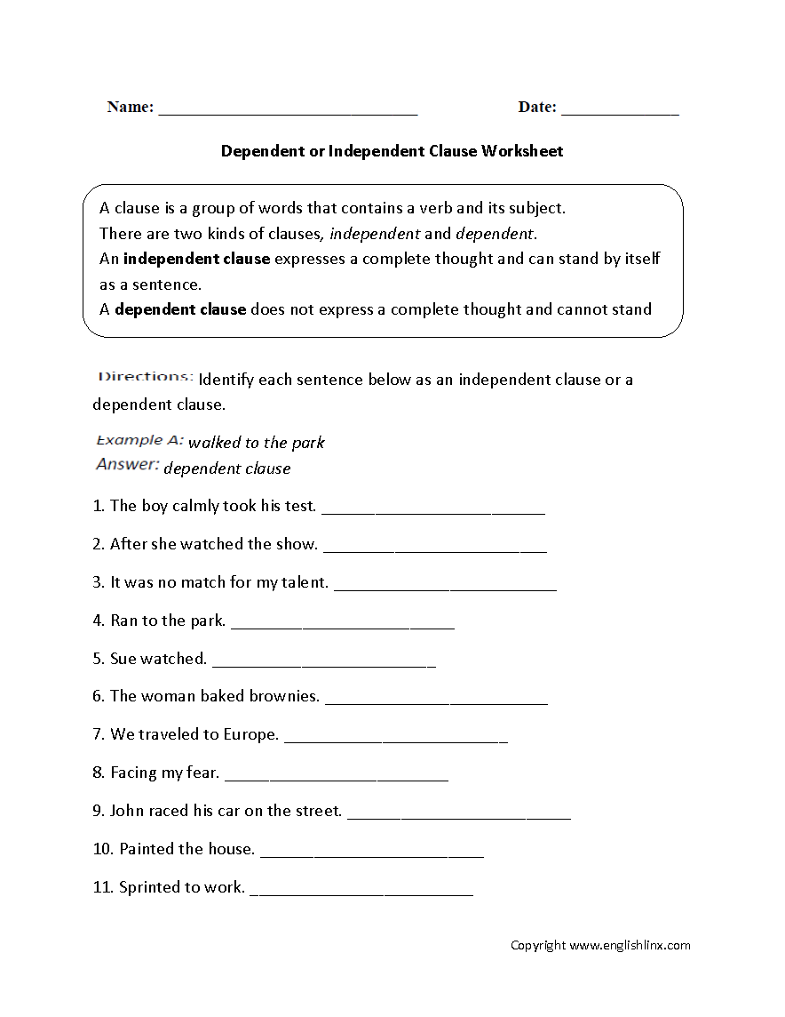 Dependent Or Independent Clauses Worksheet