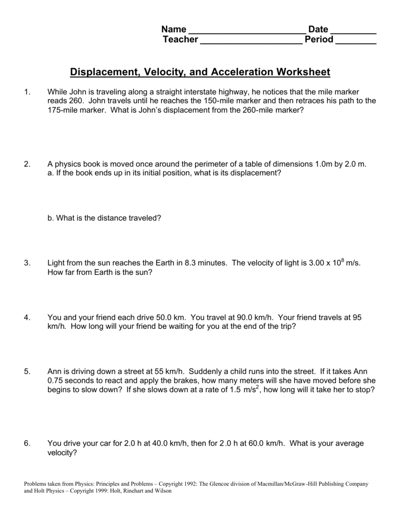 Displacement,velocity, And Acceleration Worksheet