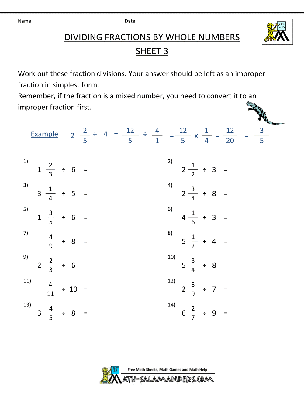 Dividing Fractions Worksheet