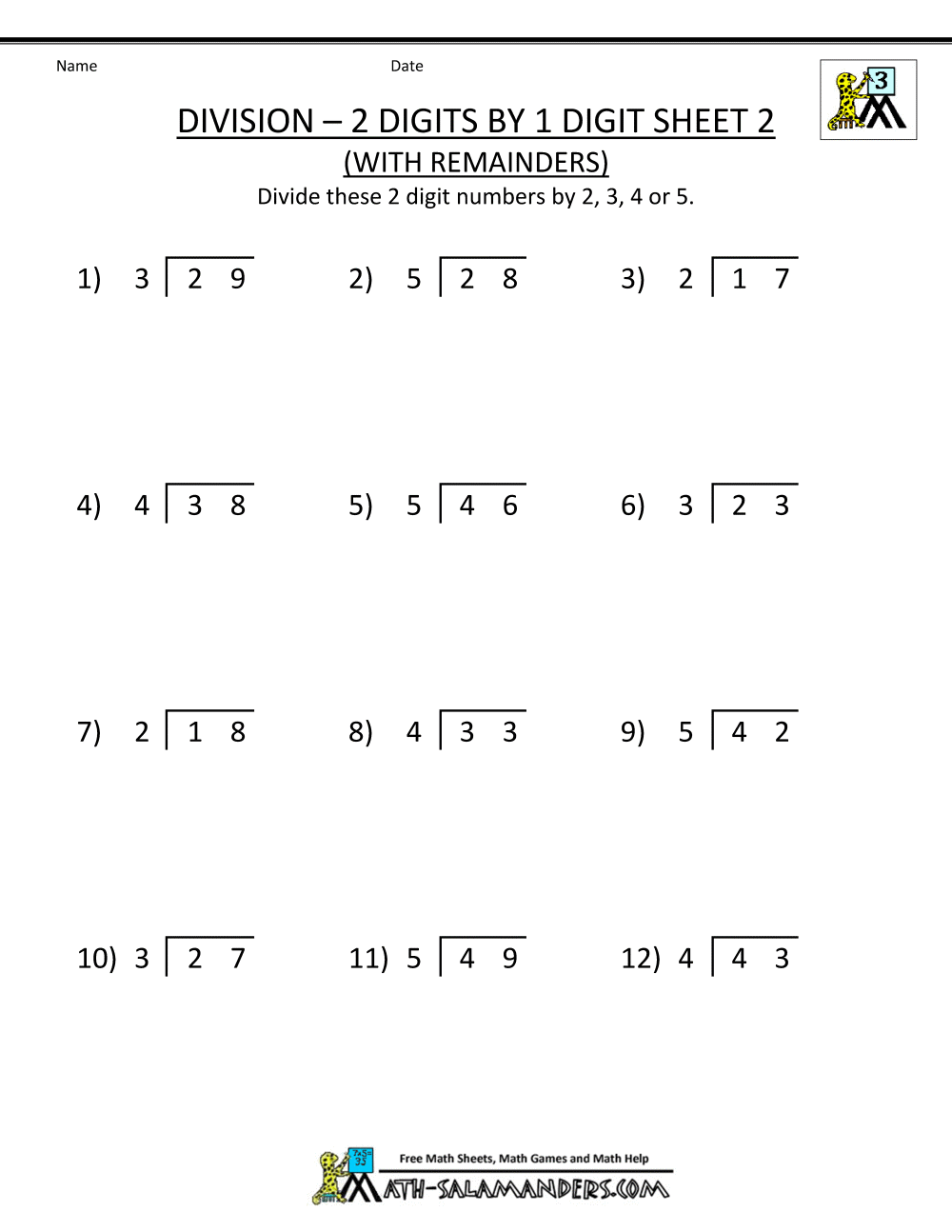 Division Worksheets 3rd Grade