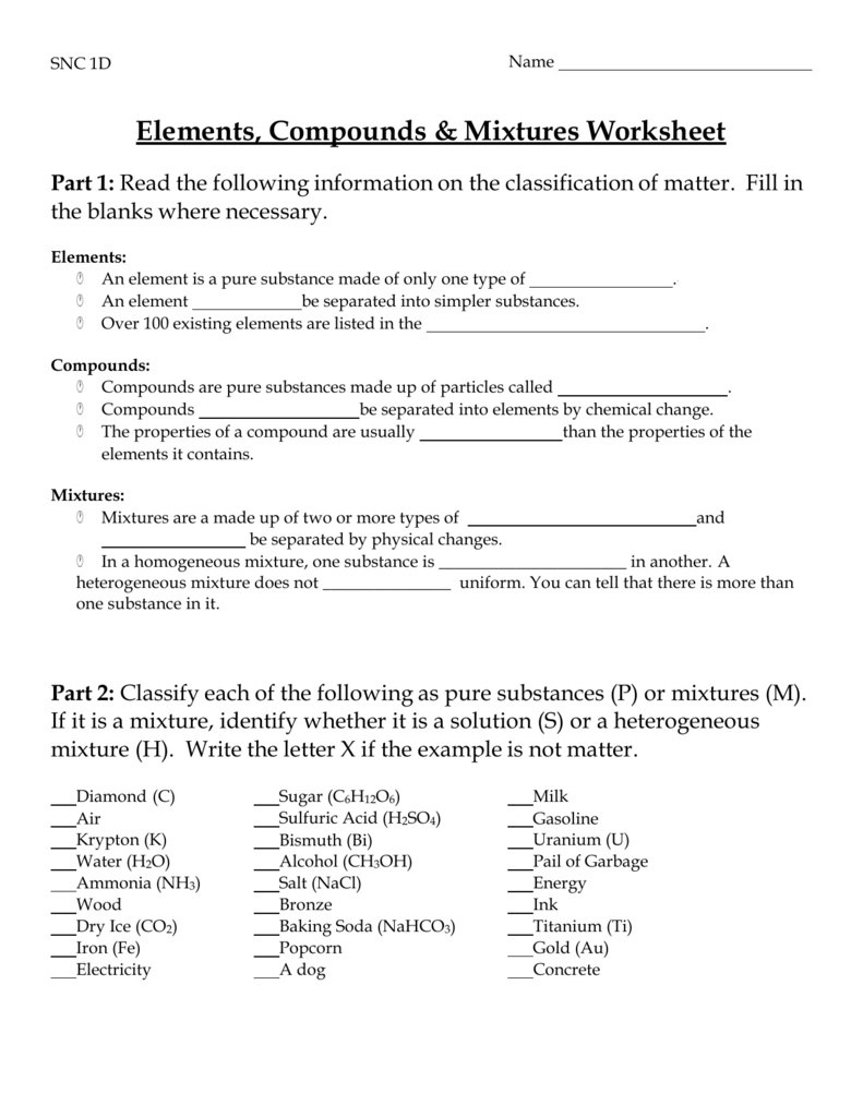 Elements, Compounds & Mixtures Worksheet