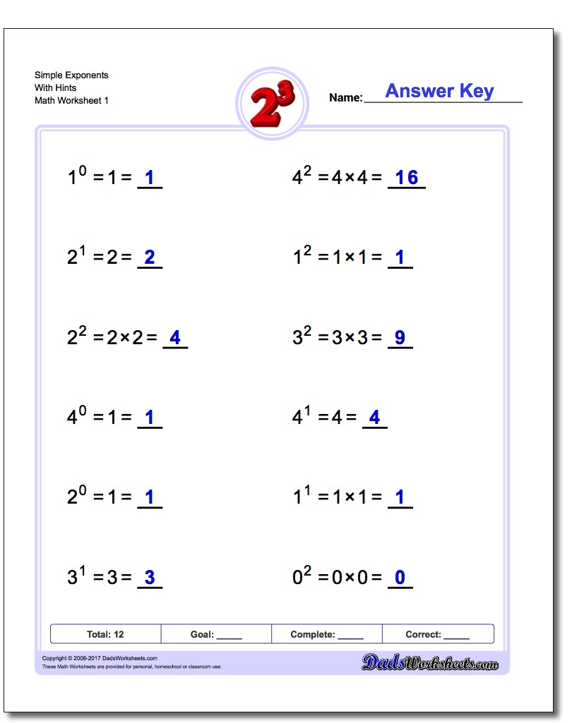 Exponents Worksheets
